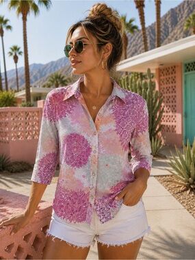 Sunset Rd Enchanted Pink Print Button Down Blouse Top Size S NWT